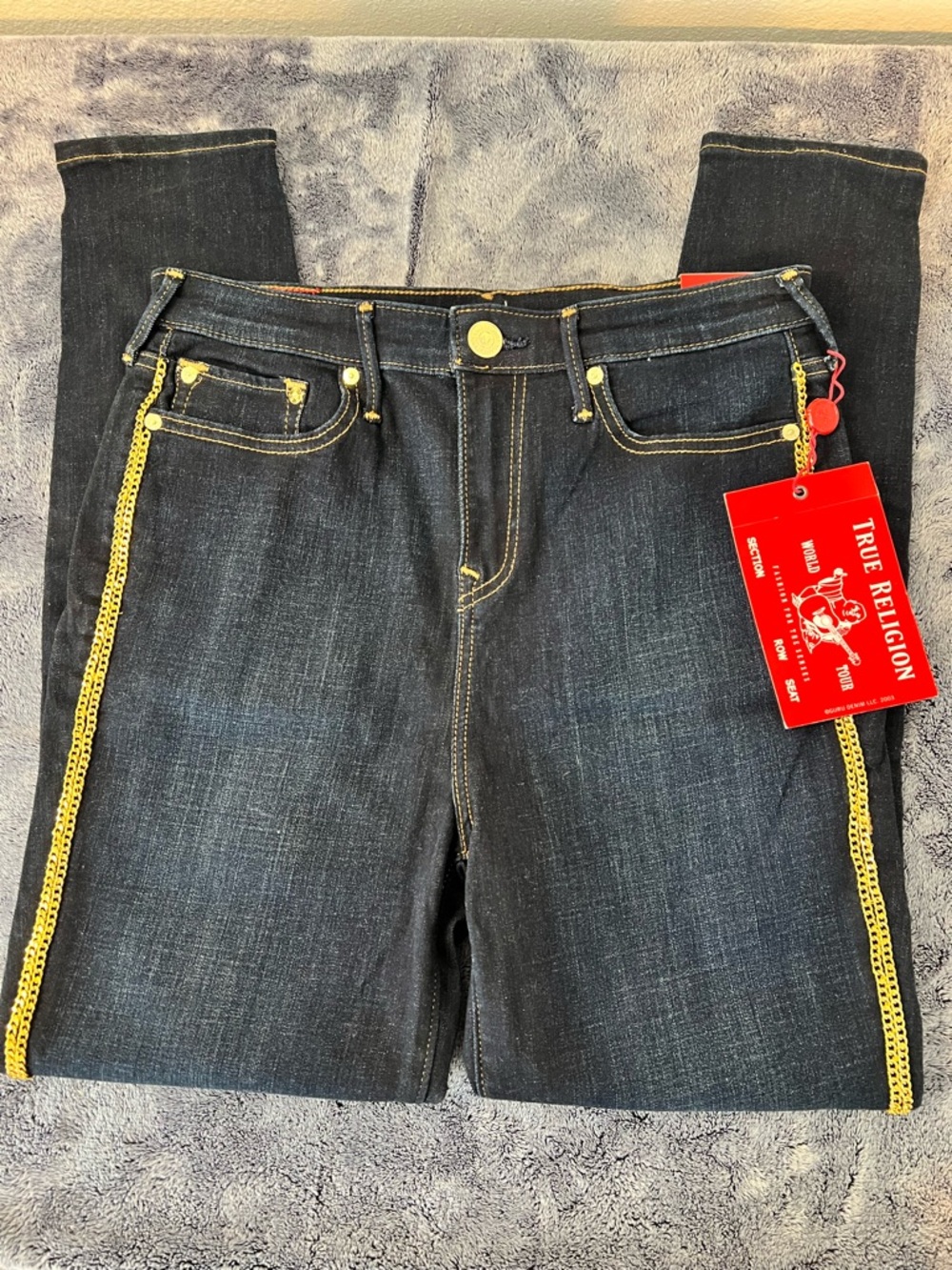 True Religion Caia Jeans Gold Chain Side Trim Size 32 NWT